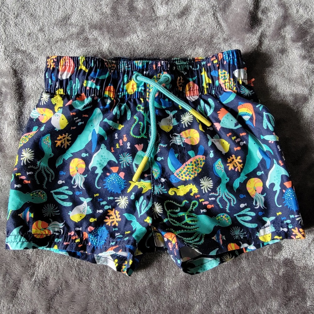 Cat & Jack Swim Trunks Baby Boys 9M Navy Sea Life Print Drawstring NWOT 731